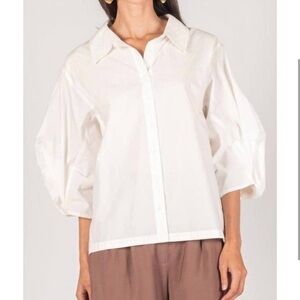 P Cill Poplin Button Up Blouse 3/4 Poof Balloon Sleeves White Large Elegant Work